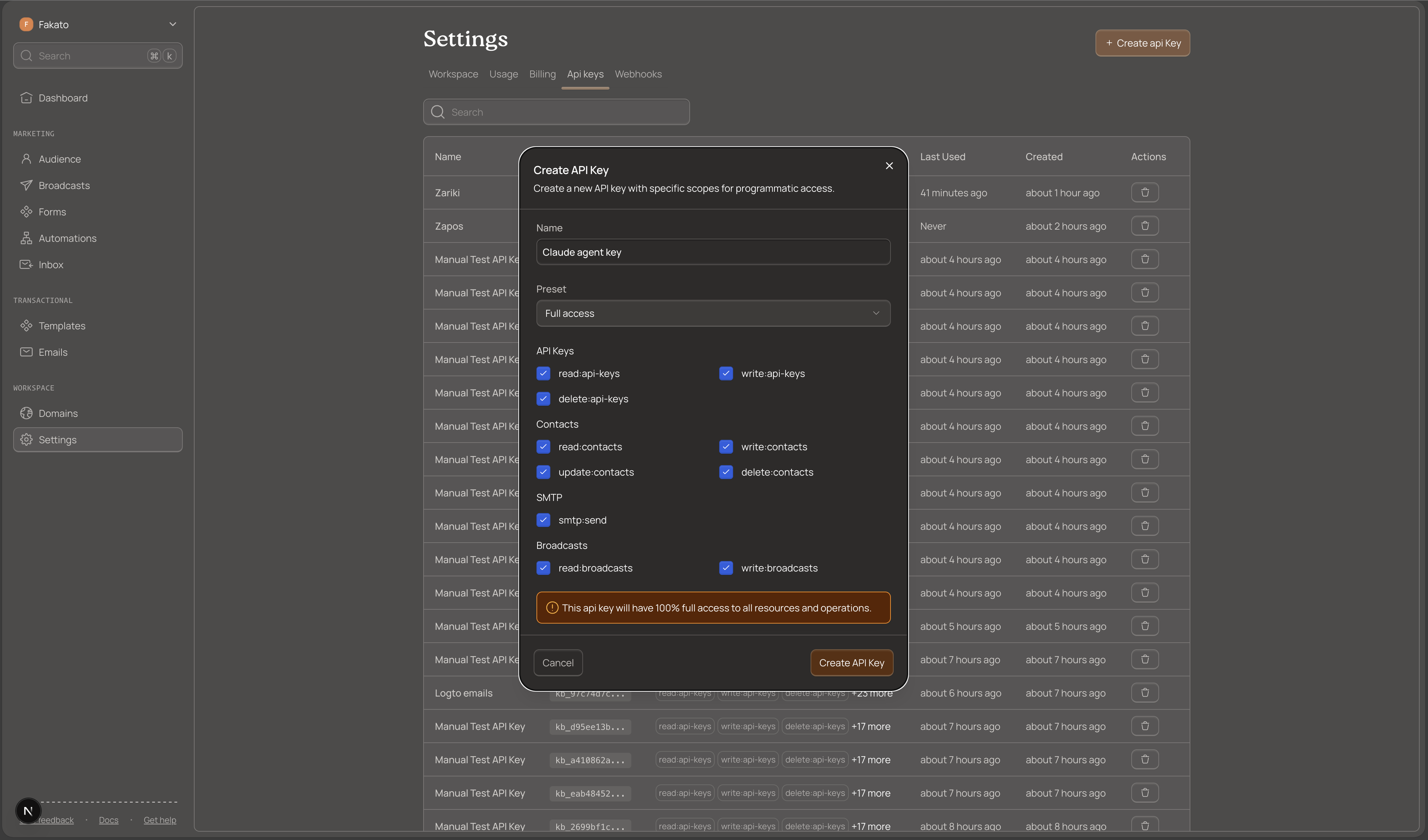 API Key creation form