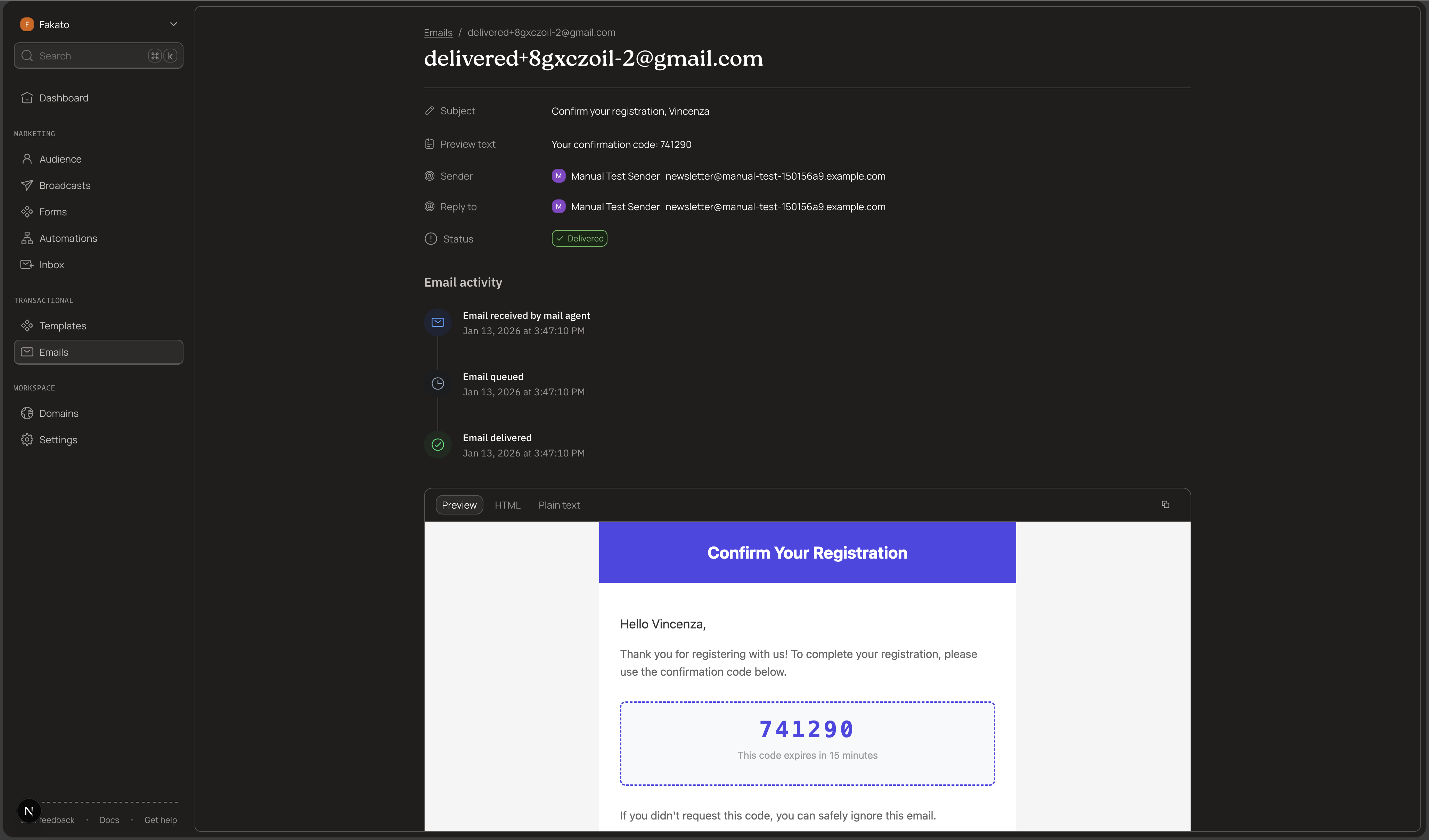 Broadcast confirmation in dashboard